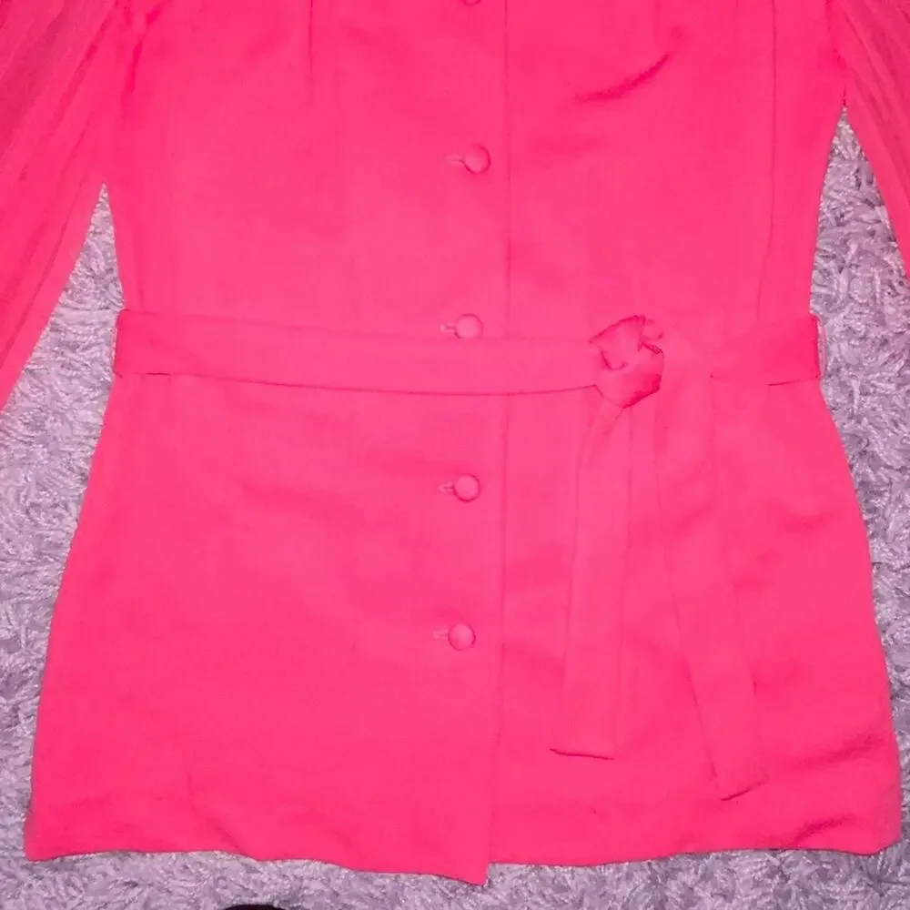 M Hot Pink VTG Button Up Long Sheer Sleeve Fitted Blazer Shirt Dress Pleated Top